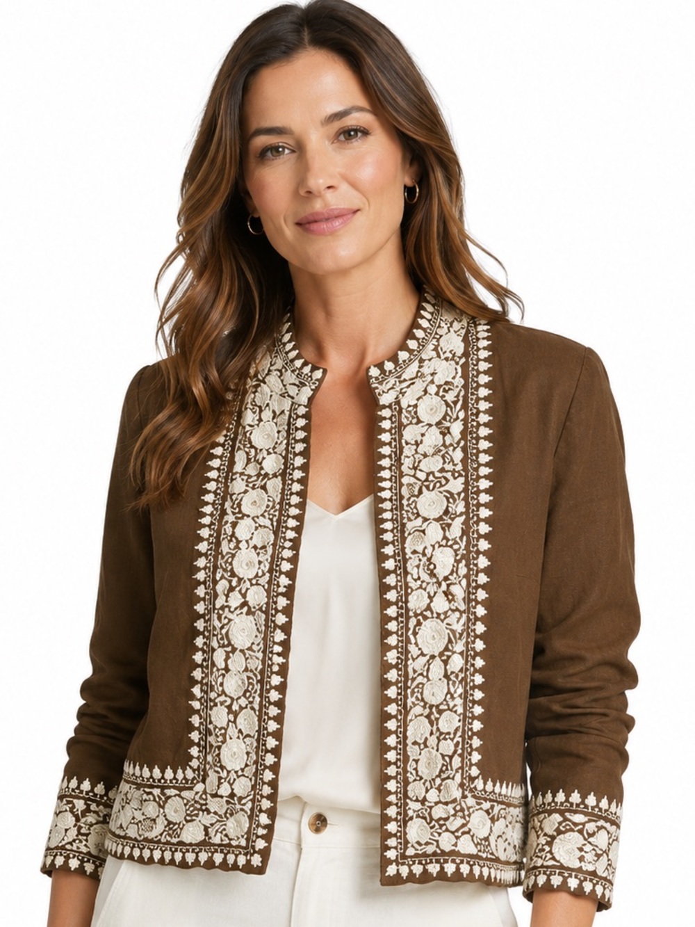 Due Per Due Silk Linen Embroidered Open Front Jacket Brown Ivory Sz 12